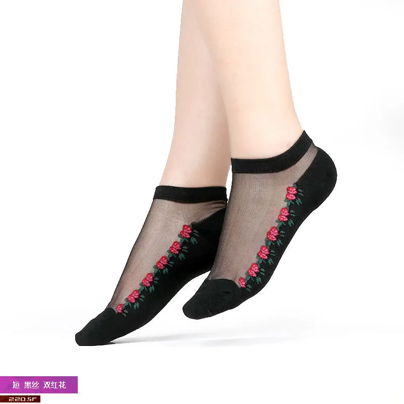 Сексуальные кружевные сетчатые носки из смешанного волокна, прозрачные эластичные тонкие женские носки, 1 пара = 2 шт 2205 - Цвет: 2205 hei2redhualvye