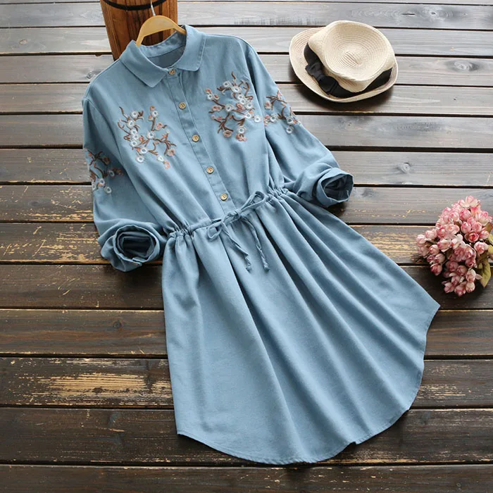 

female spring autumn long sleeve shirt dress embroidery cotton linen vestido medium length slim Kleid blue one piece dress