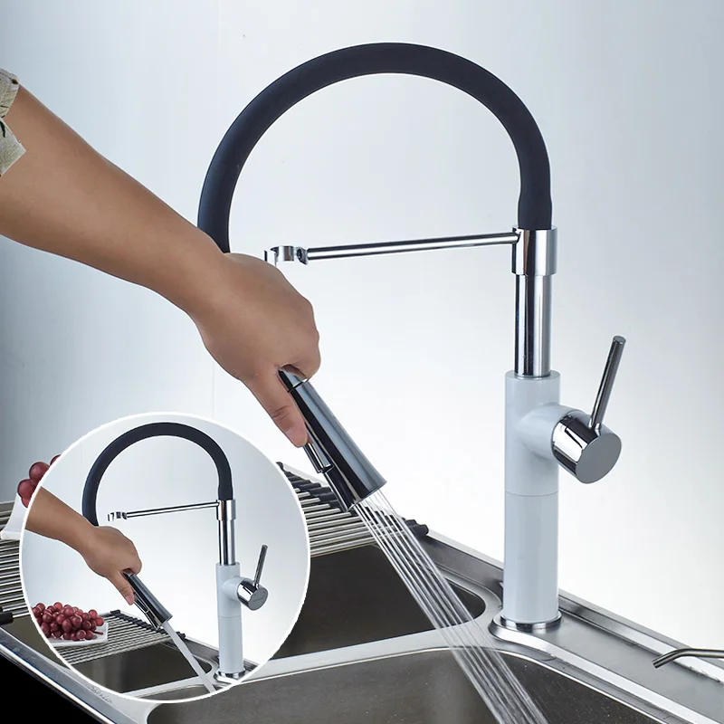 ROVATE Kitchen Faucets White Deck Mounted Single Hole Pull Down Sink Tap Cold & Hot Water Mixer Chrome Finnished