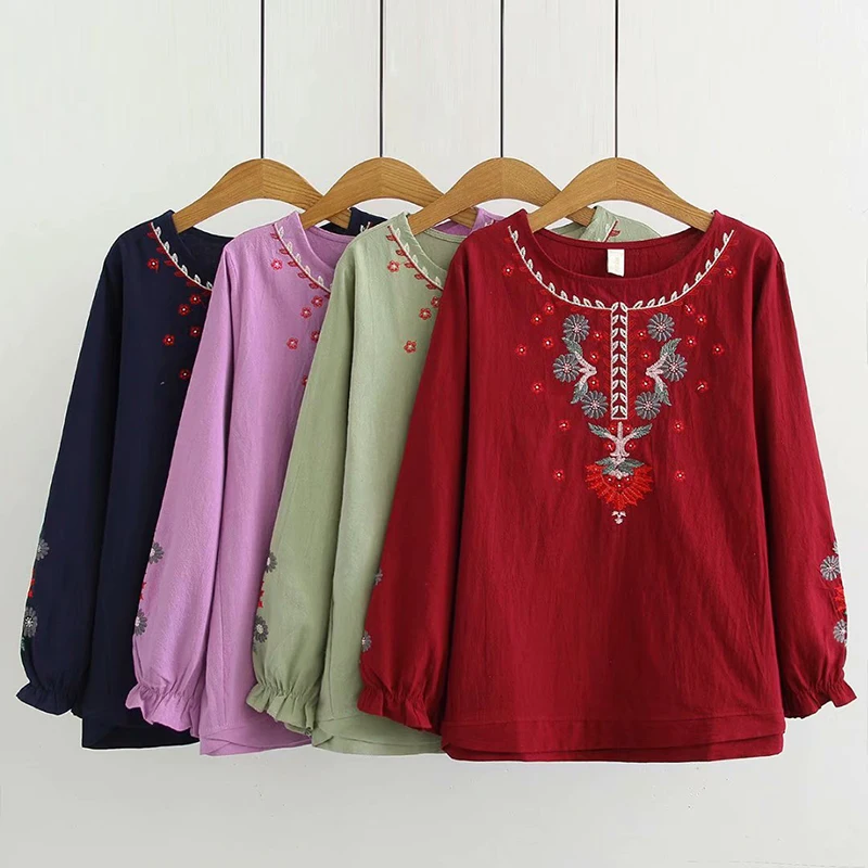 

Plus size floral Embroidered cotton women blouse 2019 casual spring summer ladies O-Neck long sleeve shirts female tops 4XL