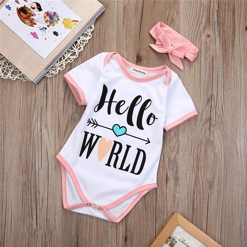 

Hello World Baby Girls Cute Pink Rompers 2016 New Fashion Style Baby Kids Rompers Sets Casual Jumpsuit Headband