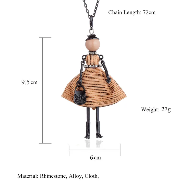 Модное дизайнерское Кукольное ожерелье, черная длинная цепочка, коричневое платье, кукольные подвески, ожерелье s, женская сумочка для девушек, массивные ювелирные изделия, вечерние