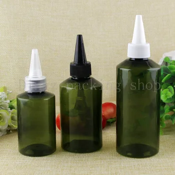 

100m/150ml empty green plastic bottle for cosmetics packaging, round PET container bottle with pointed mouth top, liquid bottle