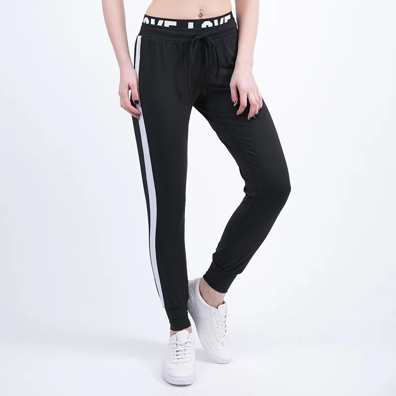 New Woman Black Sport Pants Elastic Yoga Running Fitness Long Pants Stripe Slimming Trouser