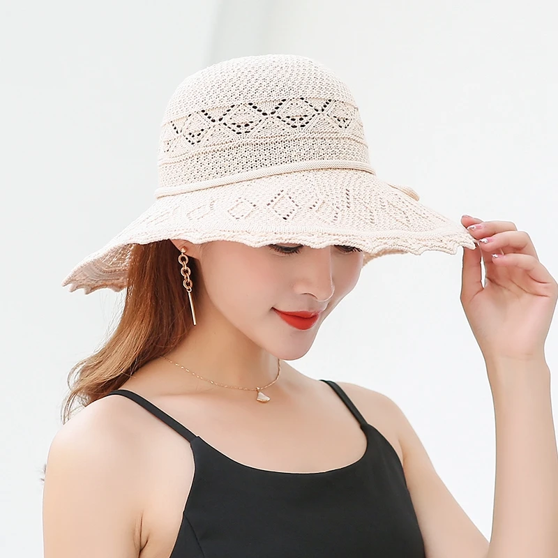 

2019 foldable portable belt Lady fisherman hat Summer big side sunshade beach hat Ms. travel travel hollow knit hat