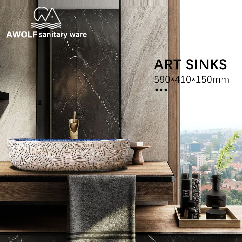 

Art Bathroom Sinks Ceramic Vessel Restore Ancient Ways Washing Basin Bowl Hotel Oval Household Use Lavatary Sink AM865