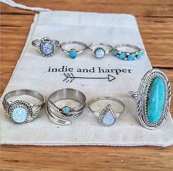 

JQUEEN 8PCS/Set Vintage Bohemia Silver Color Turquoises Knuckle Rings Set For Women Geometric Opal Midi Rings