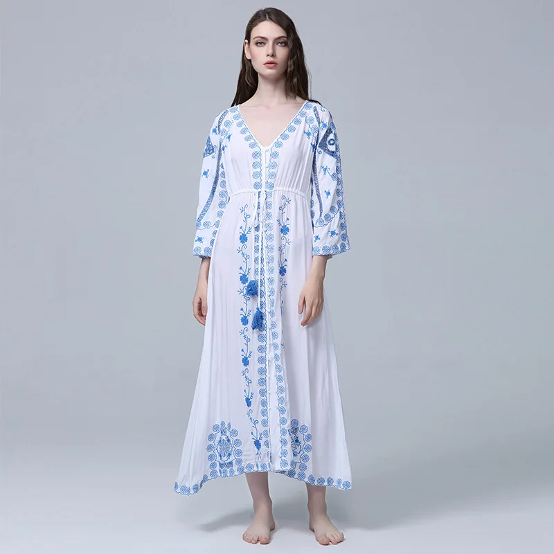 

VERHELLEN 2018 Women Bohemian Vintage Ethnic Flower Embroidered Cotton Tunic Long White Maxi Dress Hippie Boho Dress Vestidos