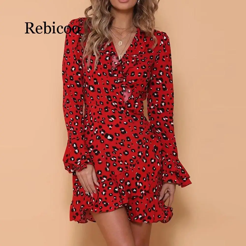 

Womens Sexy V-Neck Leopard Printed Autumn Spring Long Sleeve Ruffled Hem Flare Sleeve Party Wrap Mini Dress femininos