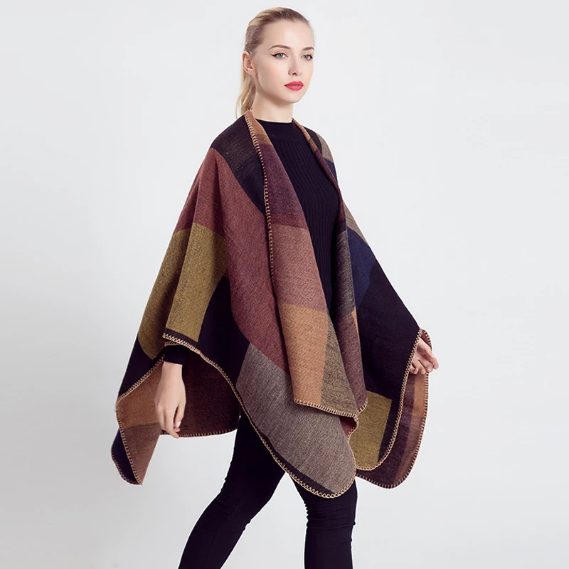 Fashion Women Cardigan New Autumn Multicolor Spelling Color Geometry Scarf Imitate Cashmere Cloak Joker Shawl Loose Coat CK215 |
