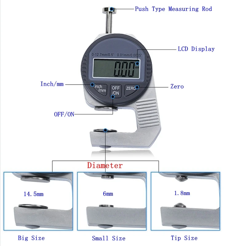 0.01mm Digital Thickness Gauge Large LCD Pocket 0.0005" 10mm Digital Dial Indicator Thickness Meter Sponge Steel Sheet Leather