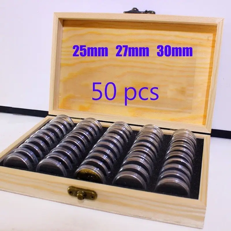 50Pcs 25/27/30mm Wood Style Coins Case Holders Storage Container
