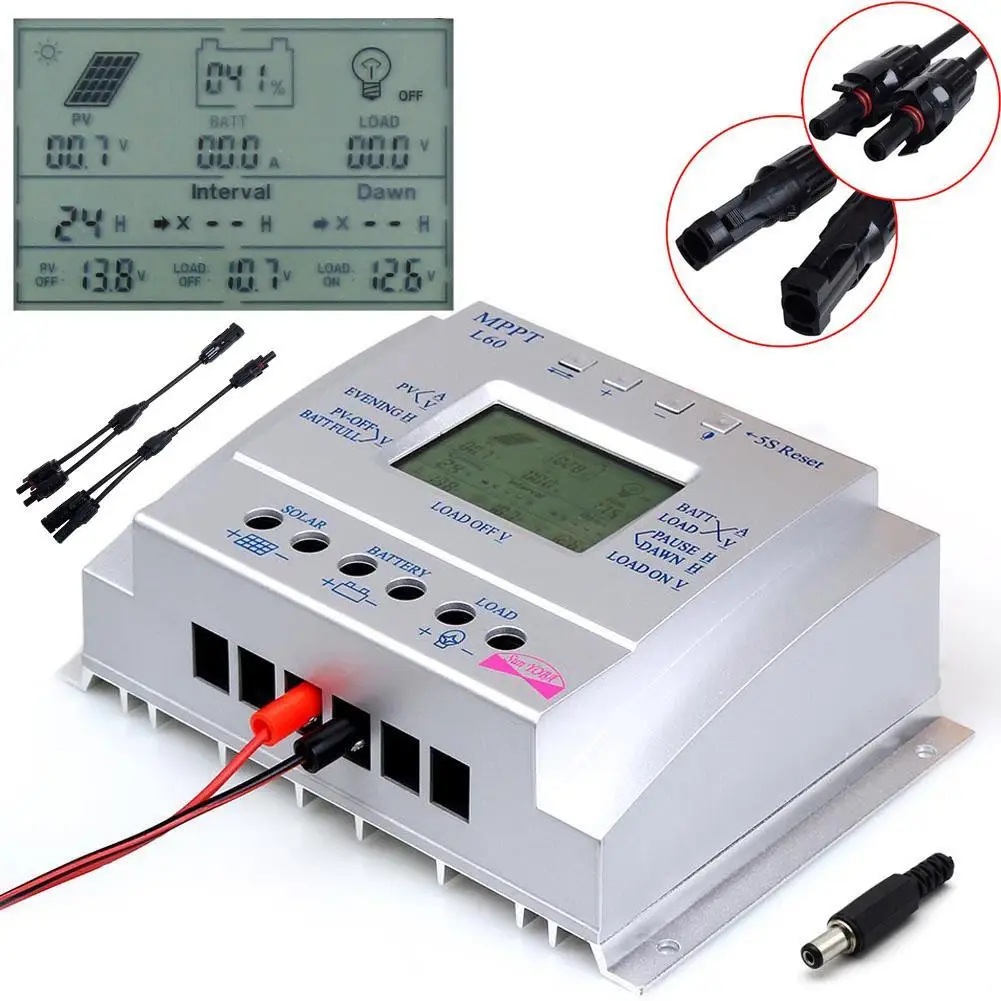 

Intelligent 60A MPPT Solar Panel Regulator Charge Controller Auto Switch 12V/24V 750W/1500W & LCD USB+Y Type Connector