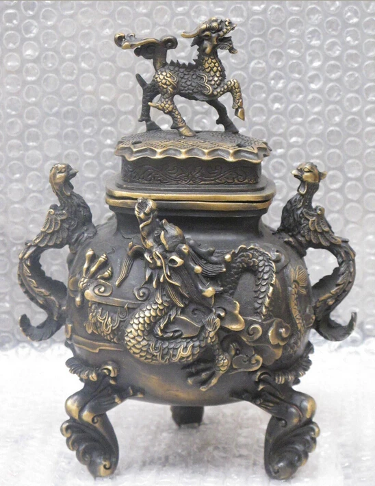 

10"Feng shui Lucky China Bronze Top Kylin dragon and phoenix Pot jar Censer