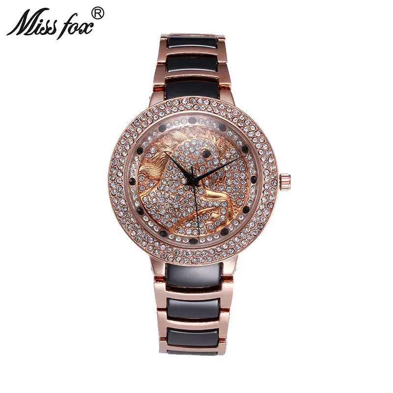

Miss Fox The Horse Women Watches Female Rose Gold Watch Fashion Diamond Butterfly Black Quartz Ceramic Watch Relogio Feminino