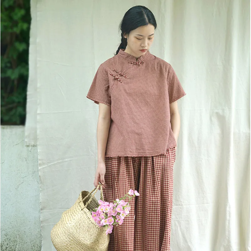 

Johnature 2019 New Vintage Plaid Tops Summer Stand Collar Chinese National Style Plate Buckle Short Sleeve Women Shirts