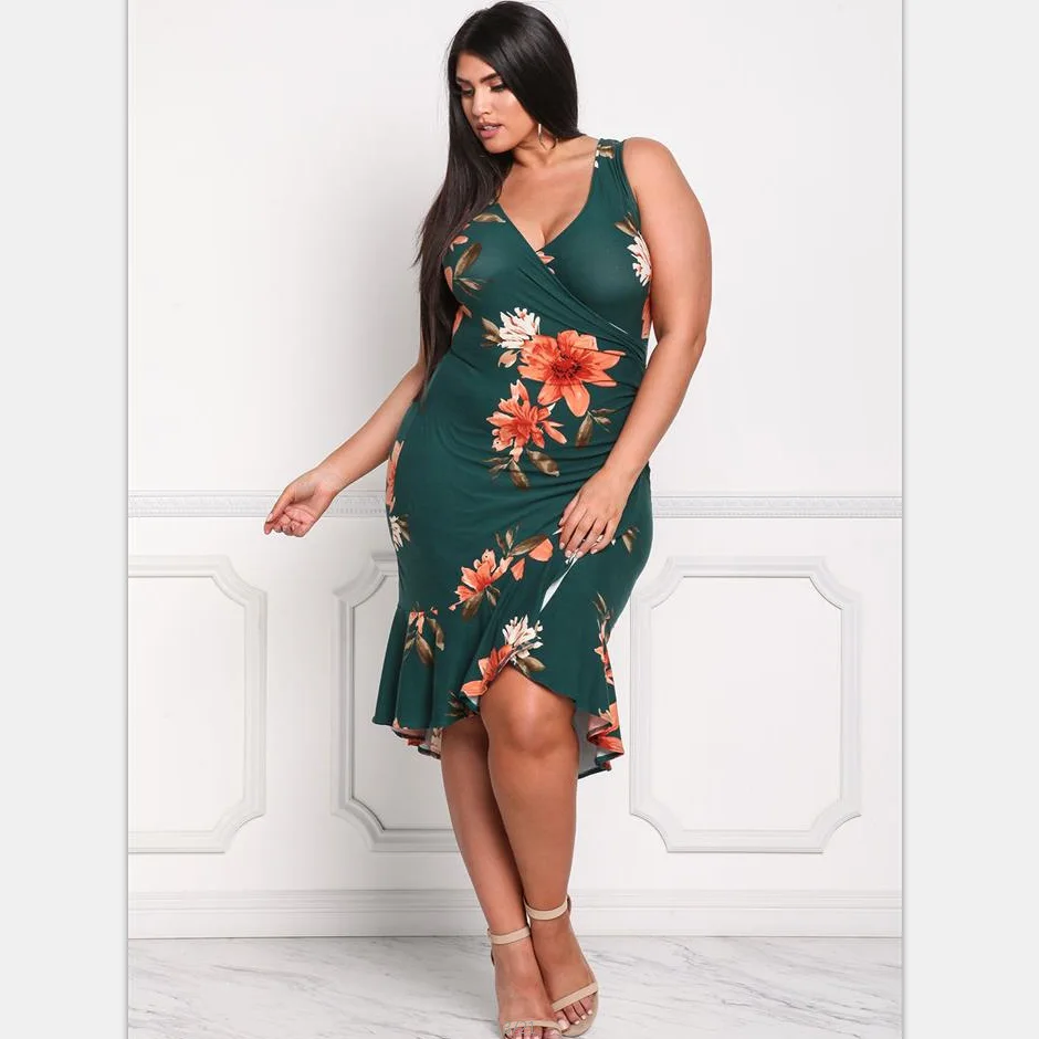 

Summer Women Dresses Fashion Lady Flower Printed Ruffles Sheath Dress Sexy V Neck Sleeveless Tall Sundress Of Women Plus Size