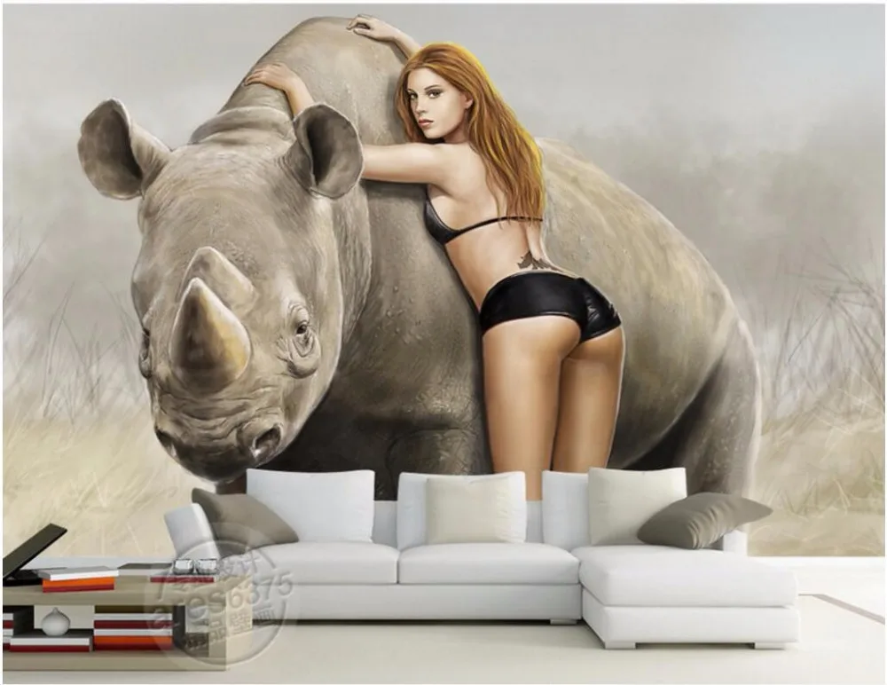 Фотообои на заказ 3d настенная бумага рисунок носорогов сексуальная Красавица и