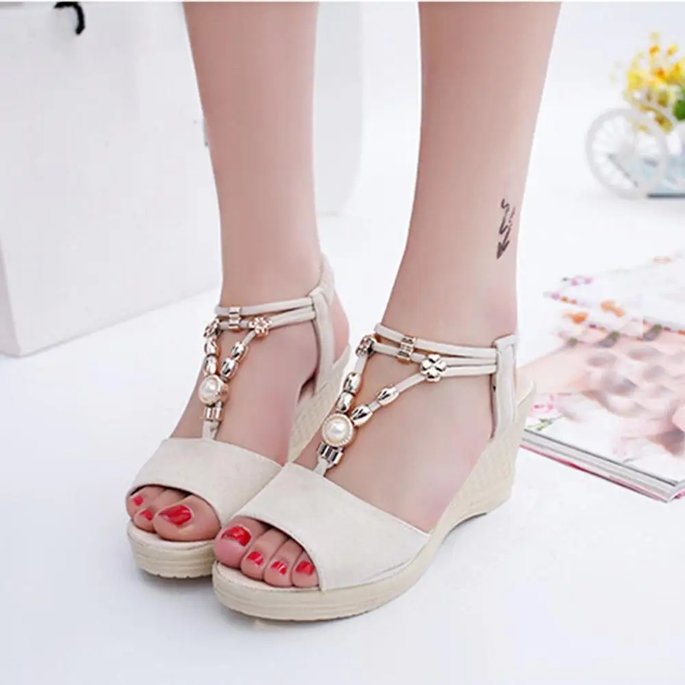 

Women Wedges String Bead Roman Sandals Ladies Fashion high thick heels sweet dress Shoes ladies footwear elegant red black