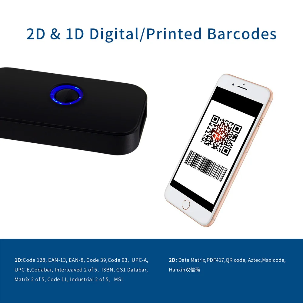2D сканер штрих-кода Bluetooth, Symcode 1D 2D Bluetooth беспроводной считыватель штрих-кода с 16 м места для хранения, qr-код