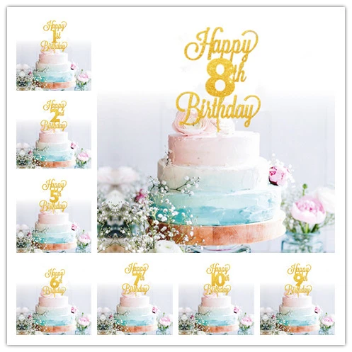 Decoração para bolo de aniversário infantil, decoração de bolos em acrílico  com flores de ouro - AliExpress