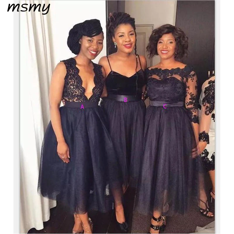 nave-blue-tea-length-bridesmaid-dresses-lace