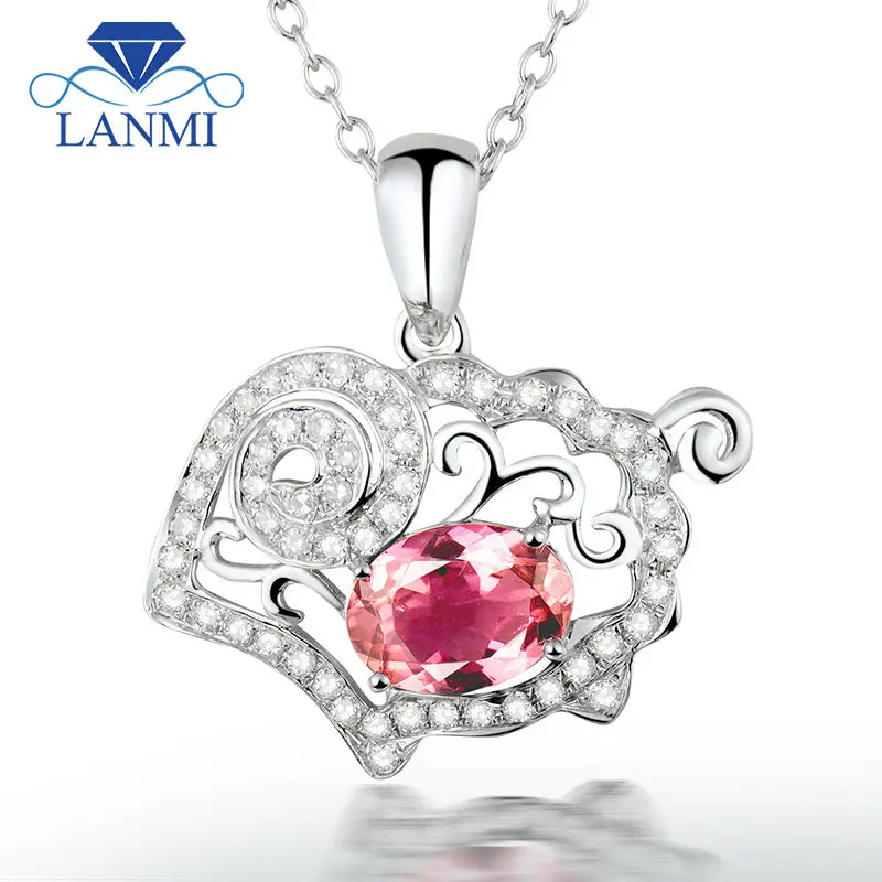 

Solid 18K/750 White Gold Gemstone Jewelry Oval Cut 5x7mm Tourmaline Real Diamond Pendant for Women WP069