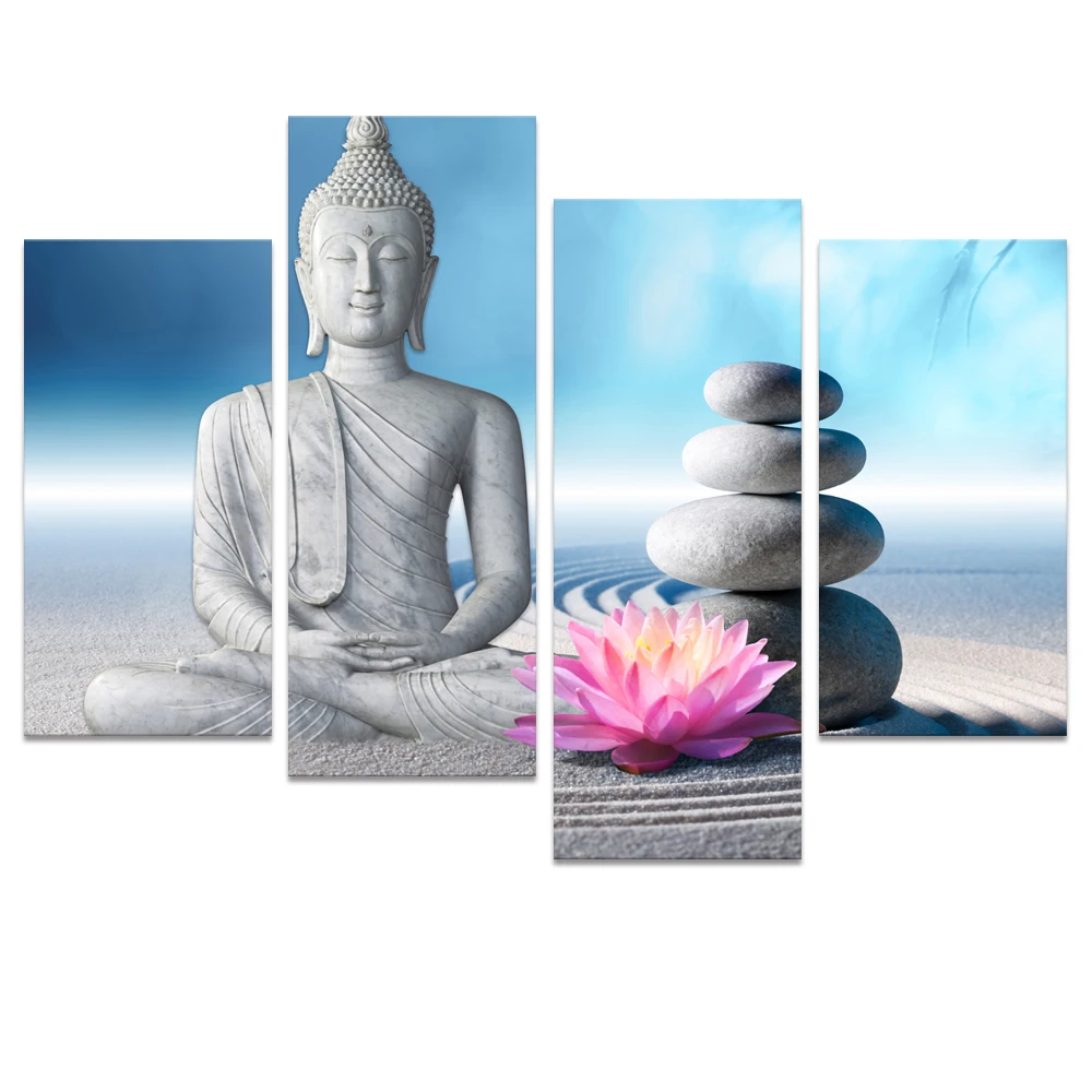 4 Pieces Buddha with Lotus Wall Art Poster Zen Stones Print Canvas Painting Modern Style Picture Living Room Home Decor | Дом и сад