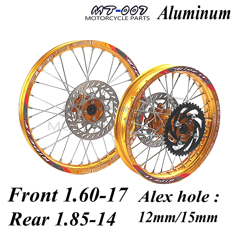 GOLD Front 1.60-17 Rear 1.85-14 inch Alloy Wheel Rim with CNC Hub brake disc For KAYO HR-160cc TY150CC Dirt Pit bike 14/17 inch GOLD Front 1.60-17 Rear 1.85-14 inch Alloy Wheel Rim with CNC Hub brake disc For KAYO HR-160cc TY150CC Dirt Pit bike 14/17 inch