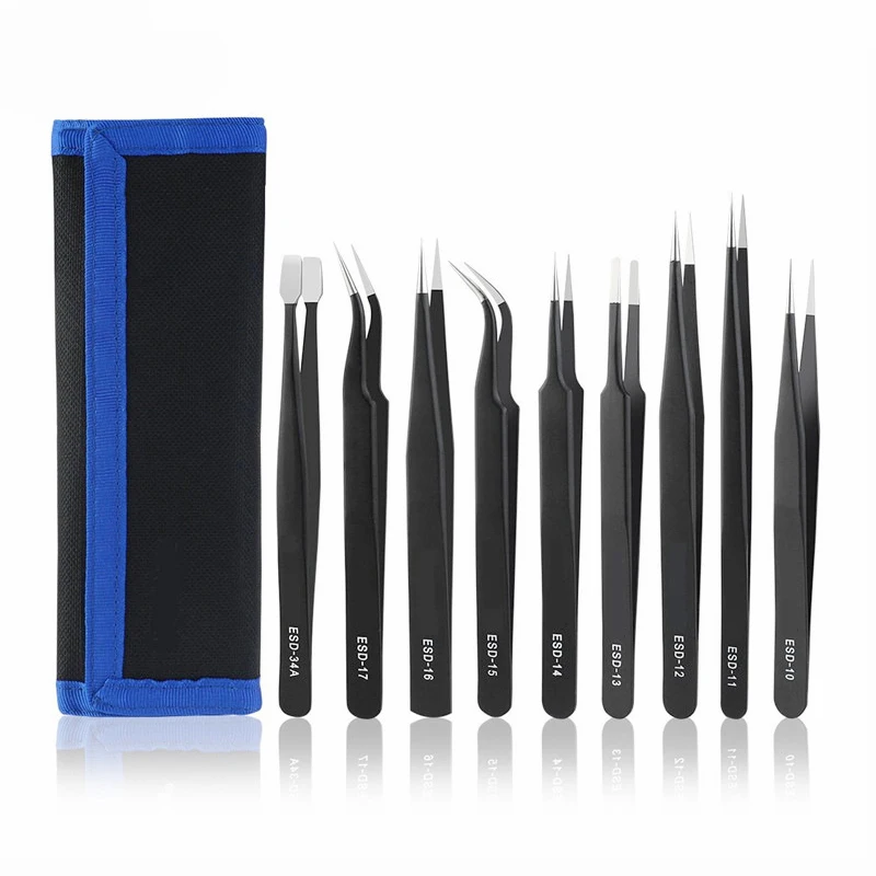 

Jewii 9Pcs ESD Tweezers Set Anti-Static Stainless Steel Precision Industrial Maintenance Curved Straight Tweezers Repair Tools