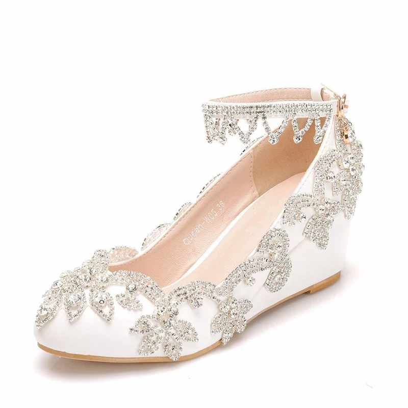 Med Wedges Heel White Rhinestone 