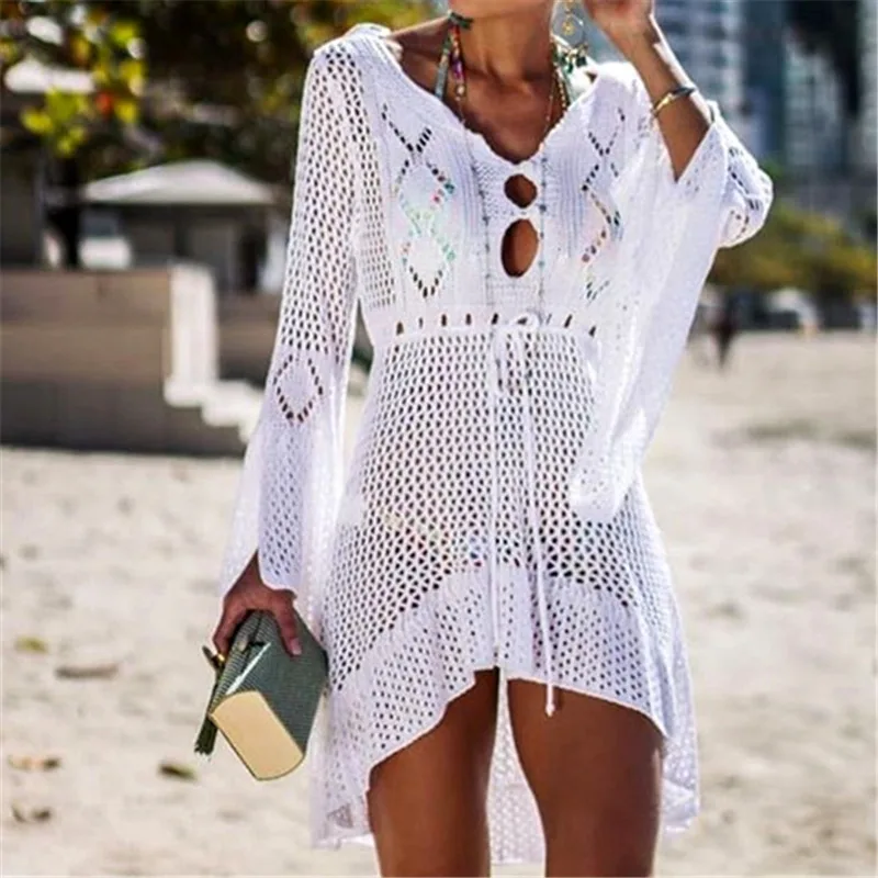 Women's Sexy White Crochet Tunic Cover-Ups