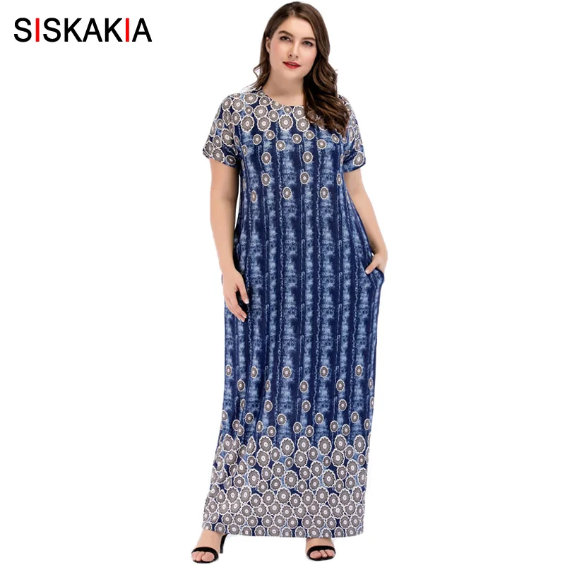 

Siskakia Round neck short sleeve maxi dresses for women summer 2018 elegant Blue vintage print T shirt dress big size 4XL Female