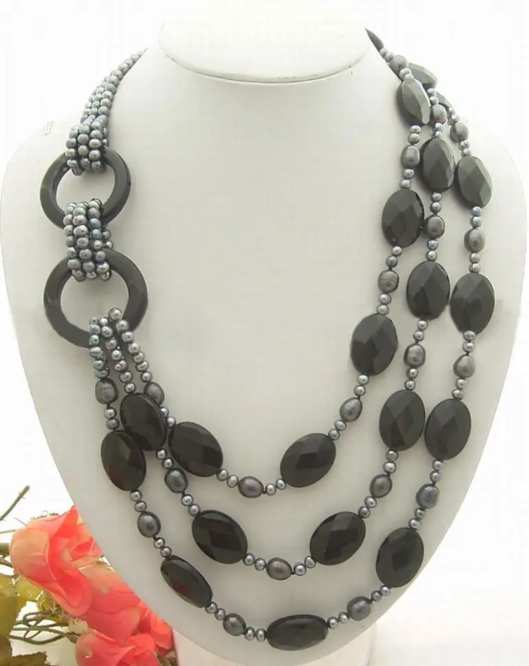

stunning! 3Strds Black Pearl&Natural Onyx Necklace