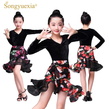 

Songyuexia New Pattern Children's Pleuche Long-Sleeved Latin Skirt with Print and Lace Autumn Latin dress for kid 110-160cm