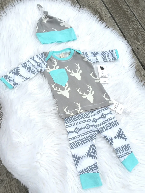 3 предмета, Одежда для новорожденных 0-24 мес., топ с длинными рукавами и принтом оленя, рубашка штаны с цветочным принтом, шляпа, комплект одежды для маленьких мальчиков и девочек