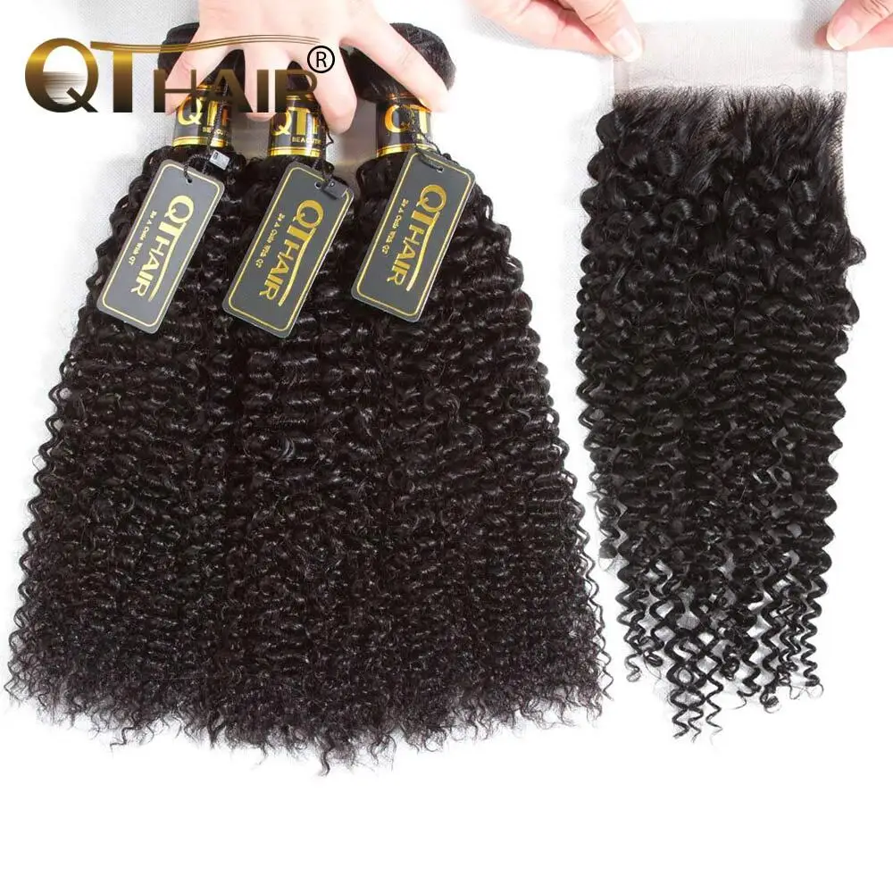 QT Kinky Curly Remy Hair Lace Closure with Bundles 100%