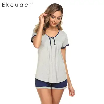 

Ekouaer Women Sleepwear Pajama Sets O-Neck Short Sleeve Patchwork Tops Mid Waist Shorts Loose Summer Pajamas Set Nightwear Suits