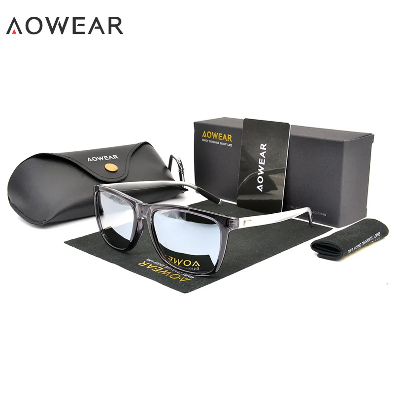AOWEAR унисекс Прозрачные Квадратные Солнцезащитные очки мужские поляризованные HD очки ночного видения для мужчин и женщин алюминиевые очки для вождения - Цвет линз: Transparent Silver