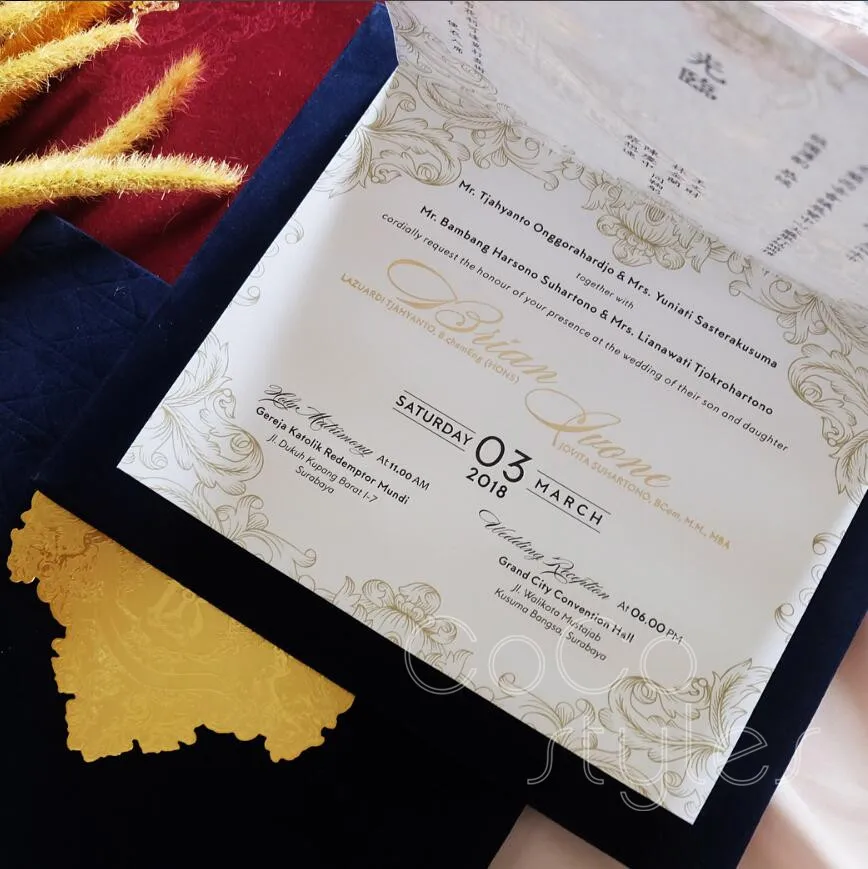 Cocostyles personalized premium vintage foiling velvet wedding invitation with foiling logo and env - 32878253349