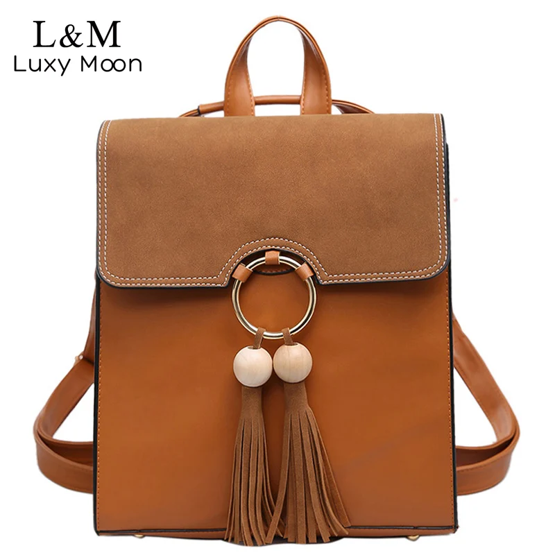 Vintage Tassel Backpack Women Suede Patchwork Backpacks For Teenager Girls Casual Brown Leather Bags Famous Brand