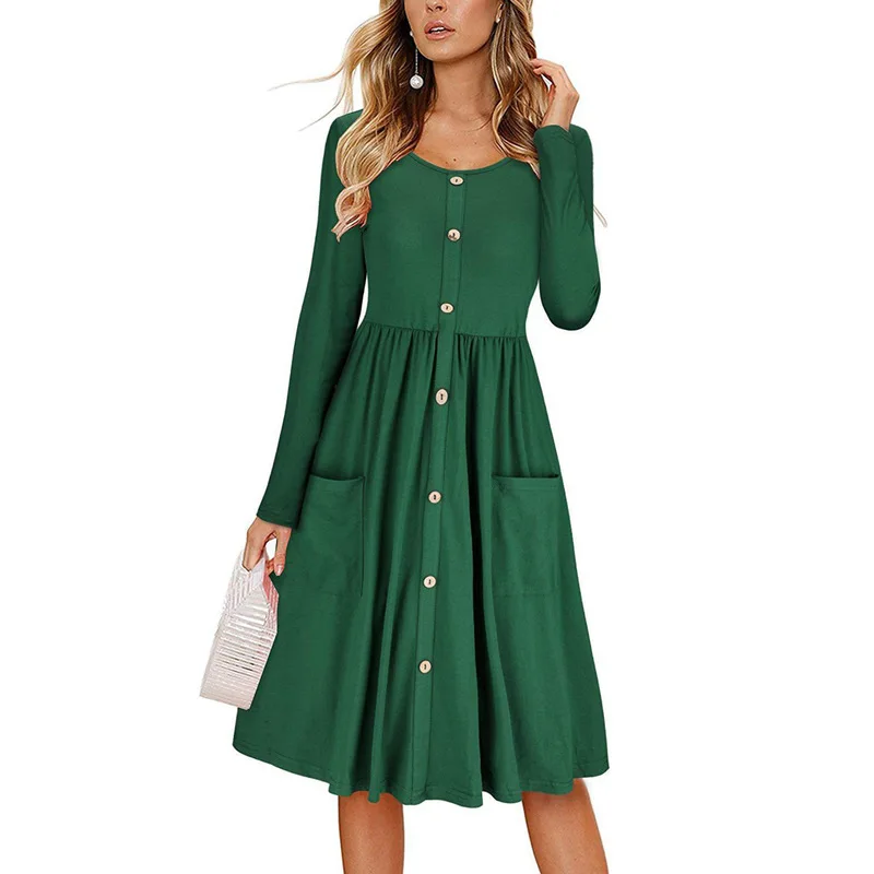 

Pure Color Round Collar Long Sleeve Pocket with Button Dress Natural Waist O-Neck Solid Red Purple Grey Mid-Calf Straight Dress