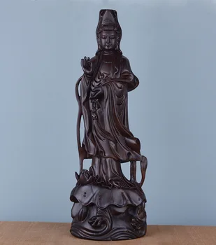 

Special Offer--30CM TALL-HOME Spiritual protection Bless family # Handmade black Ebony Wood carving Lotus Guanyin Buddha statue