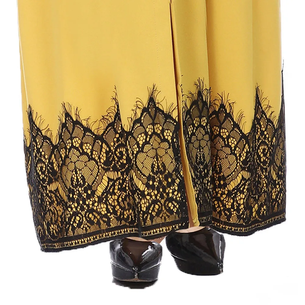 Свободное мусульманское платье из страуса, женское желтое кружевное платье с отделкой спереди, мусульманское Макси-кафтан, кимоно, мусульманское модное летнее платье для женщин