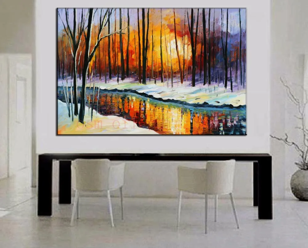 

Handmade Modern Abstract Palette Knife Oil Painting on Canvas Hand Painted Winter Sun Beautiful Landscape Art Acrylic Pictures