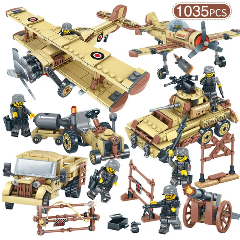 

4 in 1 Military German Tank Plane Car Helicopter Building Blocks Compatible Legoing Army WW2 Soldier Weapon Bricks Children Toys