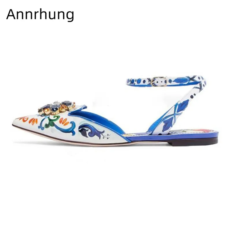 

New Chic Floral Print Flats Crystal Flower Sandals Women Pointed Toe Ankle Strap Slingbacks Blue Pink Printed Flat Shoes Women