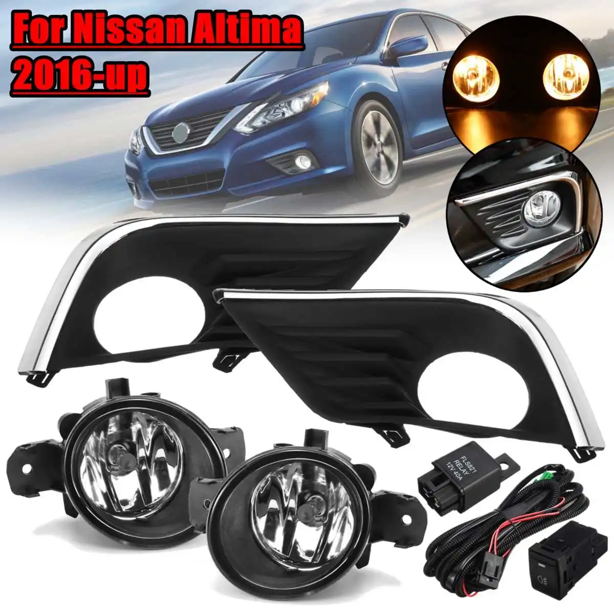 Set Clear Fog Light Bezel Covers Wirings Switch Kit For Nissan Altima 2016-2018