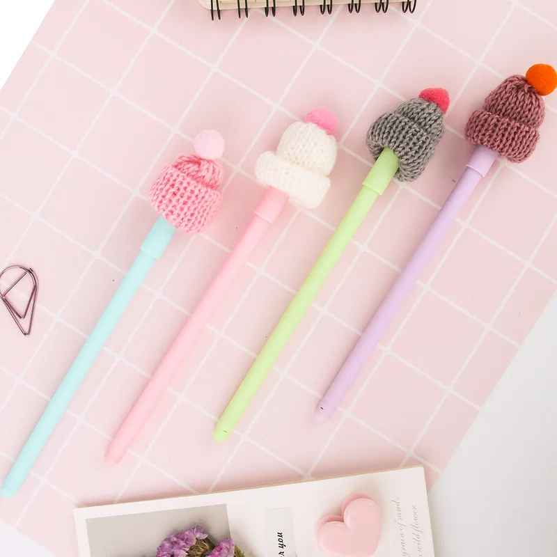 

Creative Kawaii Hat Pen Black Ink Gelpen Korea Stationery 0.5mm School Students Pens Candy Color Wools Cap Cute Smooth Writing