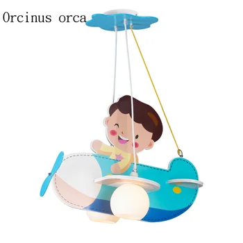 

Cartoon creative blue aircraft chandelier boys bedroom children room light modern personality simple LED wooden Chandelier